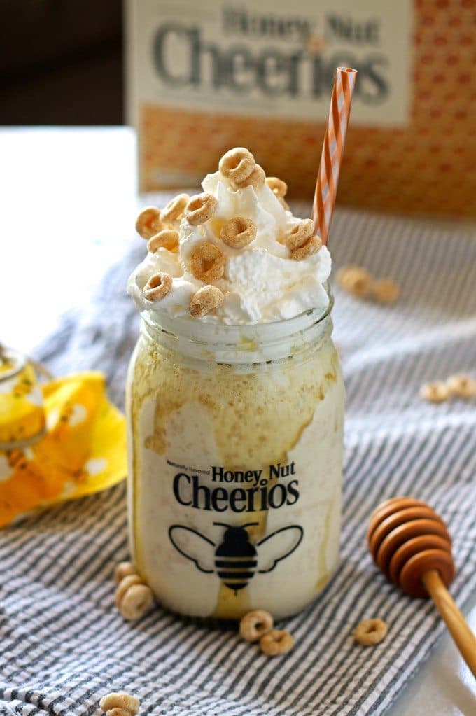 This honey nut Cheerios milkshake tastes just like a bowl of cereal and milk! | honeyandbirch.com