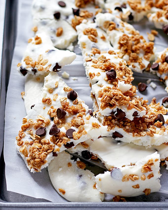 Chocolate chip granola frozen yogurt bark made with non-fat Greek yogurt and honey - the perfect quick snack or breakfast! Whip up a batch and keep it in your freezer. | honeyandbirch.com