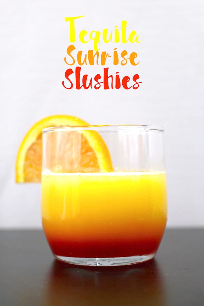 These tequila sunrise slushies are going to be your go-to summer party drink! You can easily multiply the recipe for a pitcher. Only 3 ingredients! | honeyandbirch.com