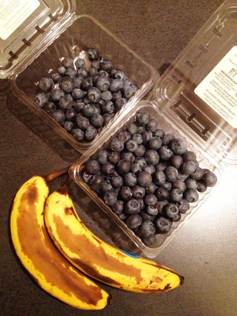 Two overripe bananas and a boatload of blueberries