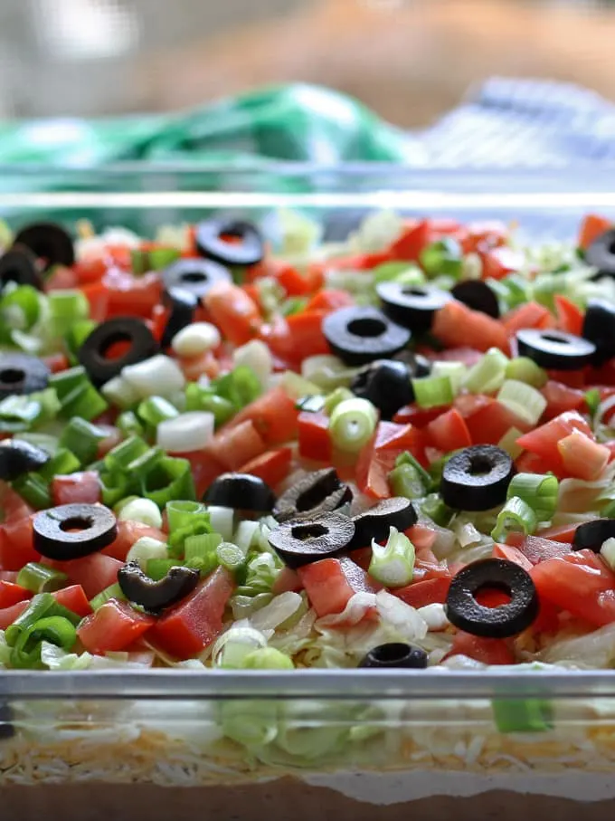 up close photo of layered taco dip