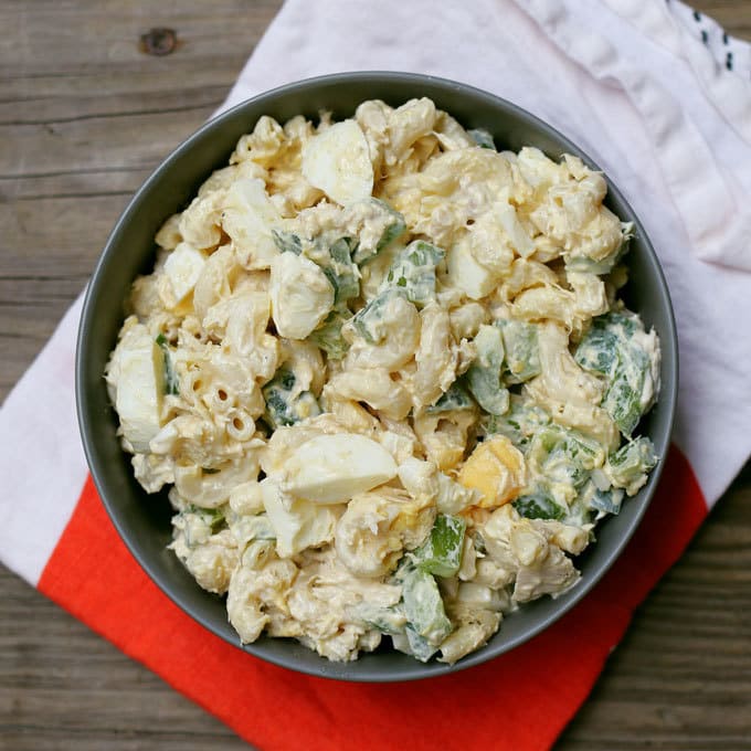 overhead photo of boiled egg tuna macaroni salad