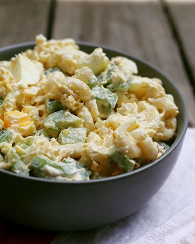 Boiled egg tuna macaroni salad in a grey bowl