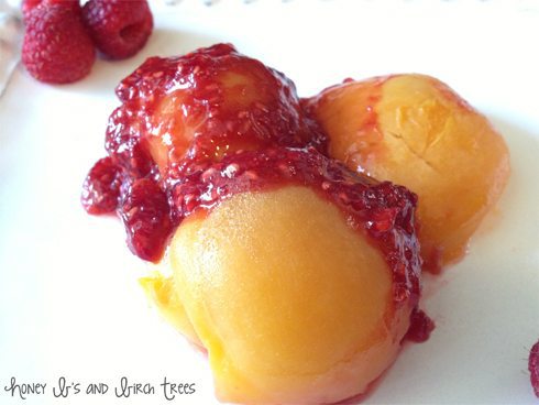 Vanilla and Honey Poached Apricots with Raspberry Syrup
