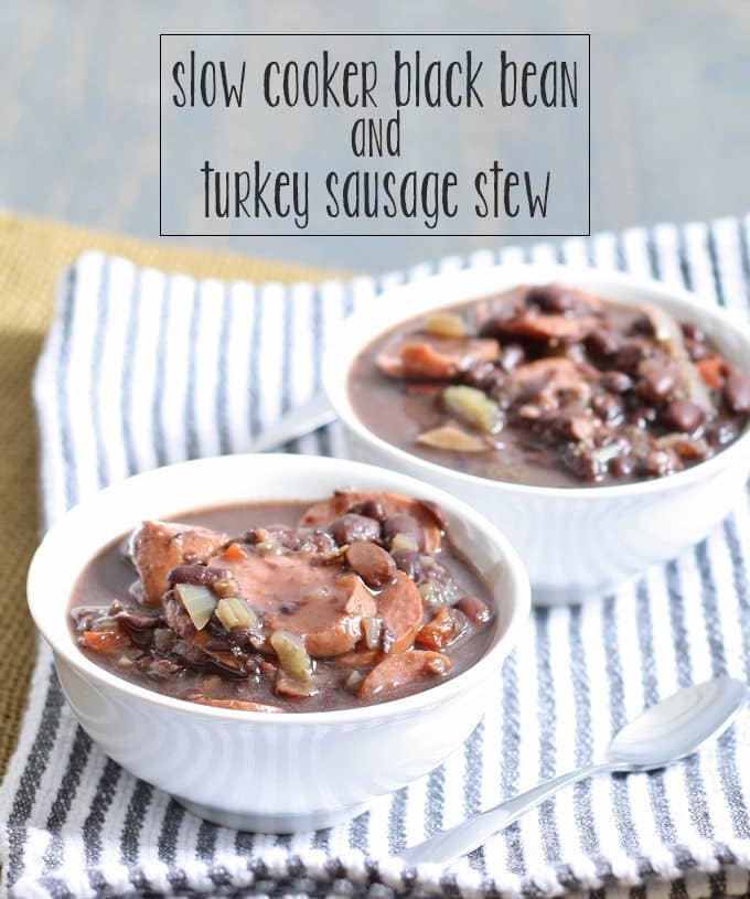 A delicious and easy recipe for slow cooker black bean turkey sausage stew. It requires very little prep but packs a lot of flavor into every bite! | honeyandbirch.com