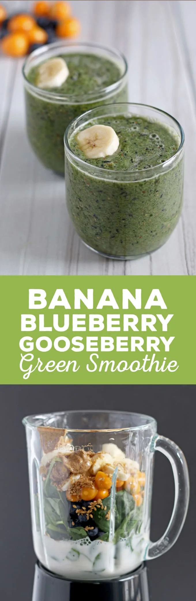 This banana blueberry gooseberry green smoothie is a great way to start your day. If your New Year's resolution is to be healthier, make one of these green smoothies for breakfast! | honeyandbirch.com