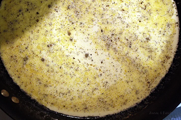 Add the cream, salt and pepper.