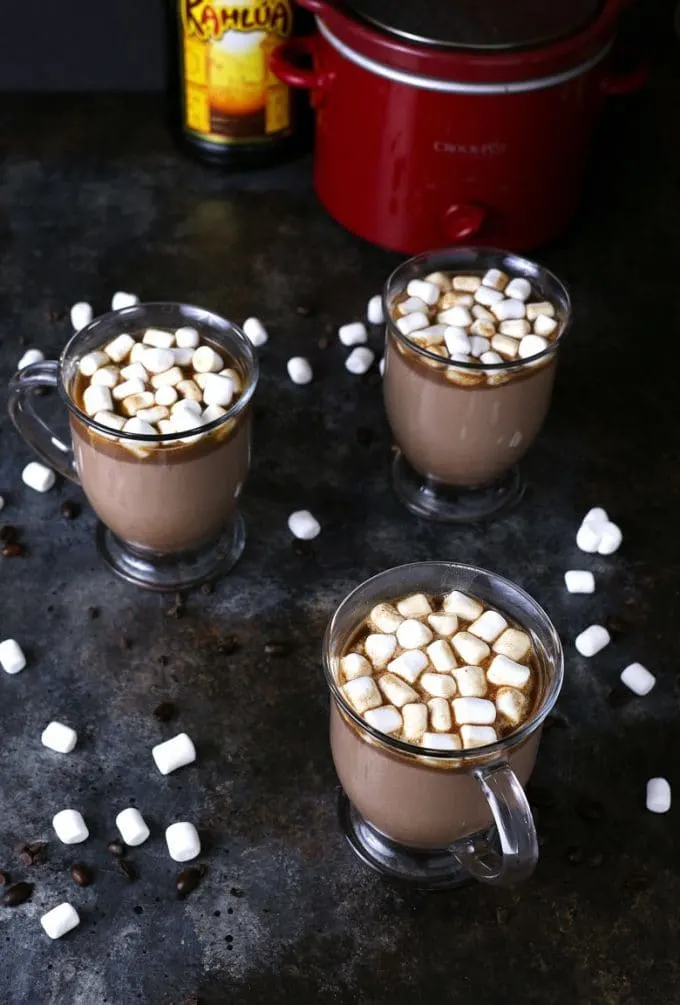 Slow cooker Kahlua hot chocolate in 3 mugs