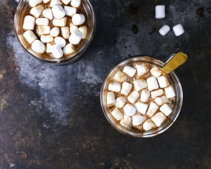 two mugs of Kahlua hot cocoa with marshmallows