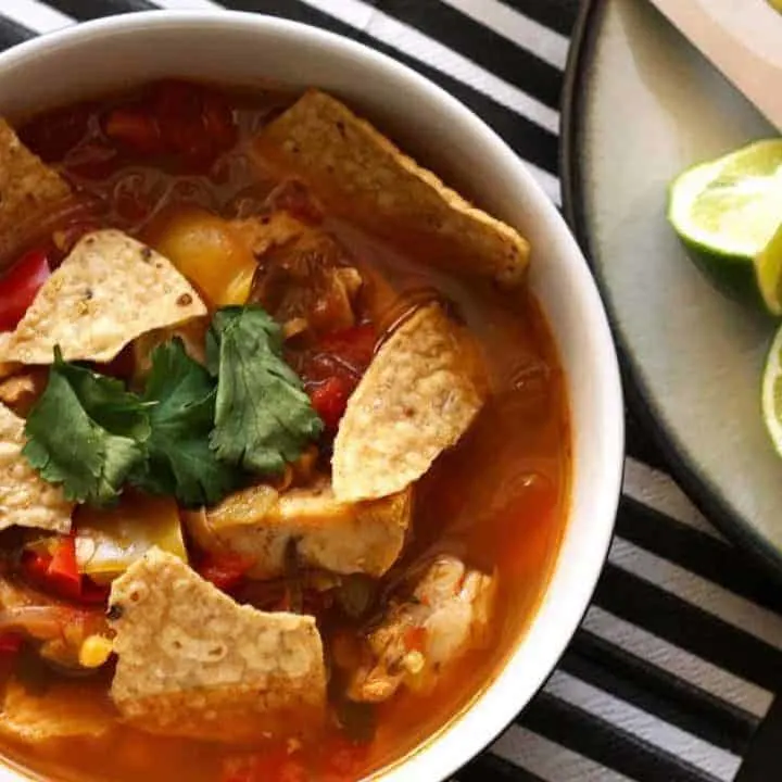 This chicken tortilla soup is easy to make thanks to pre-cooked chicken - you can even use a rotisserie chicken. It is full of vegetables and spice!