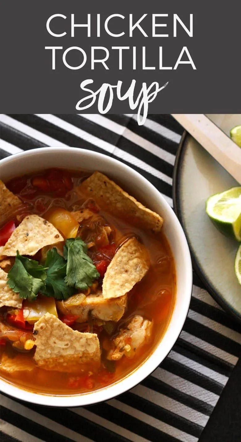 This chicken tortilla soup is easy to make thanks to pre-cooked chicken - you can even use a rotisserie chicken. It is full of vegetables and spice! Make it anytime of year for the perfect feel good soup recipe!