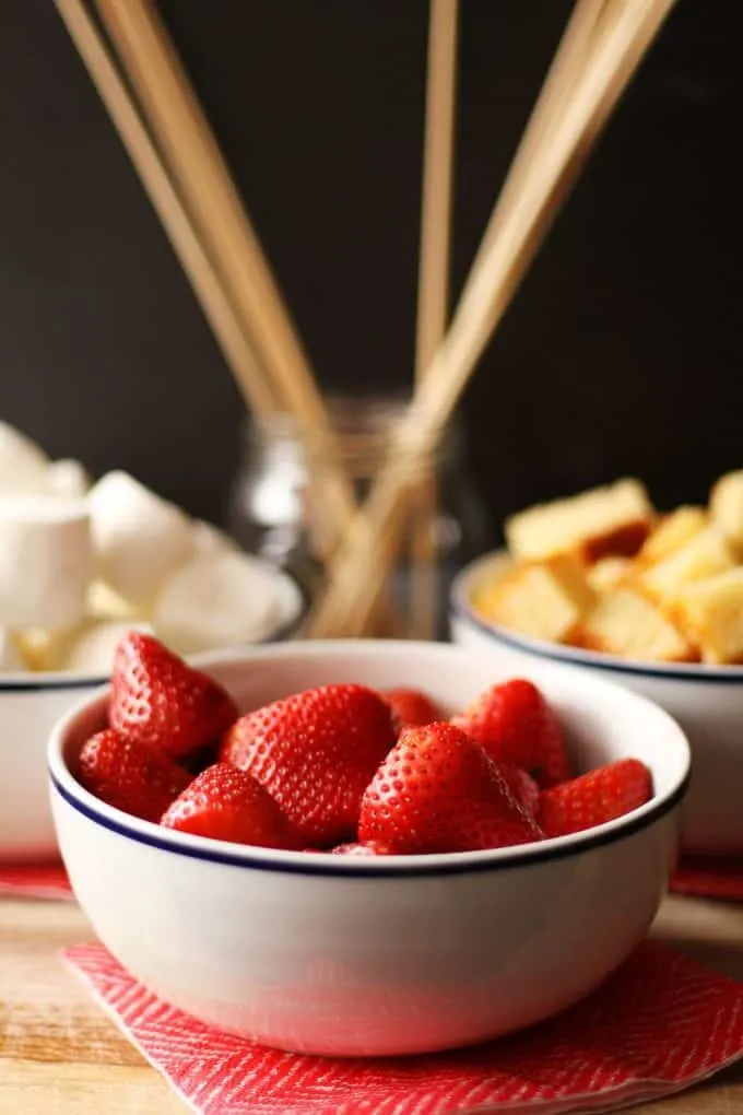 strawberries, pound cake, and marshmallows