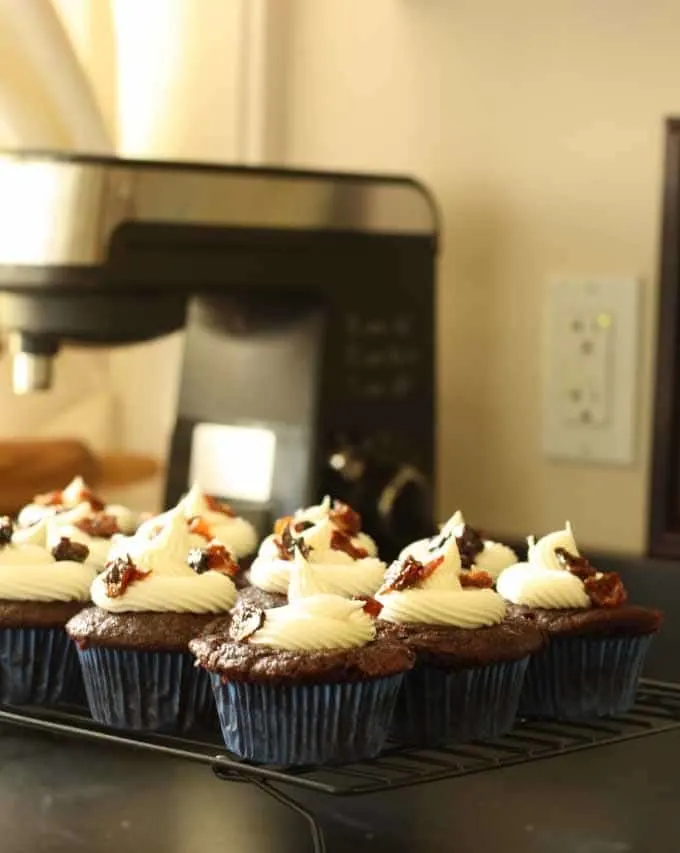 Chocolate Coffee Cupcakes with Whiskey Buttercream Frosting and Candied Bacon
