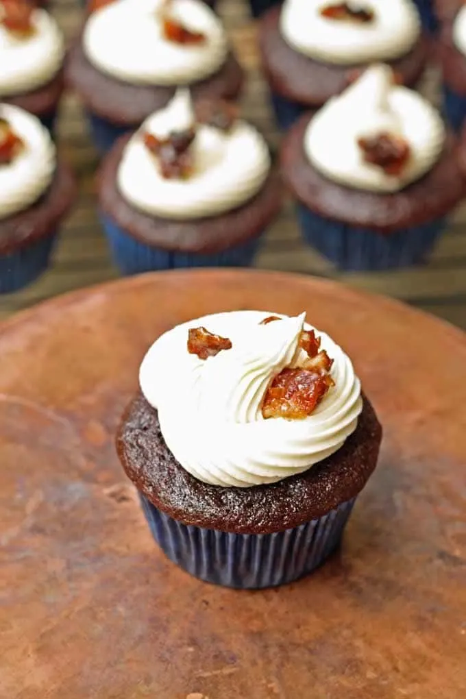 Chocolate Coffee Cupcakes with Whiskey Buttercream Frosting and Candied Bacon