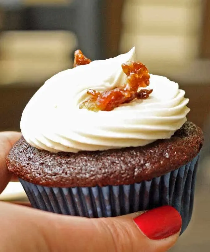 Chocolate Coffee Cupcakes with Whiskey Buttercream Frosting and Candied Bacon