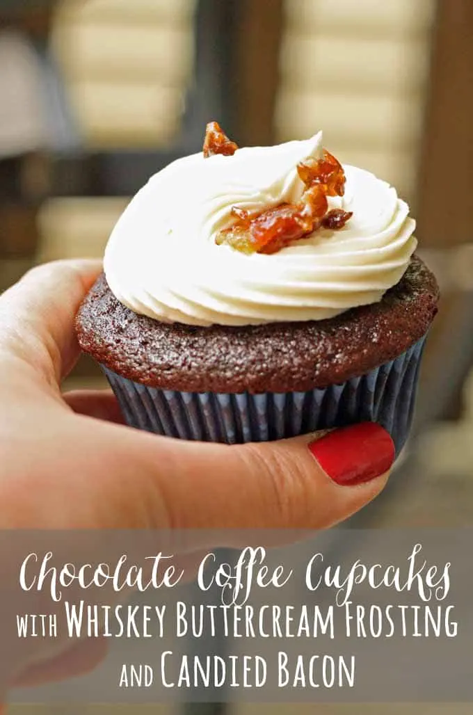 Chocolate Coffee Cupcakes with Whiskey Buttercream Frosting and Candied Bacon
