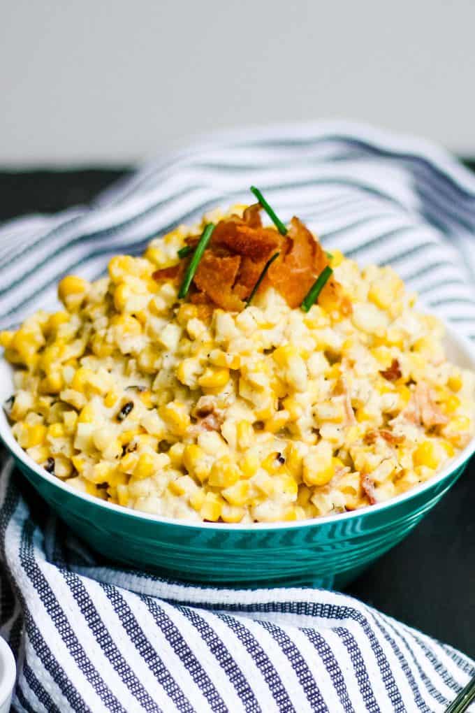 creamed corn in a blue bowl