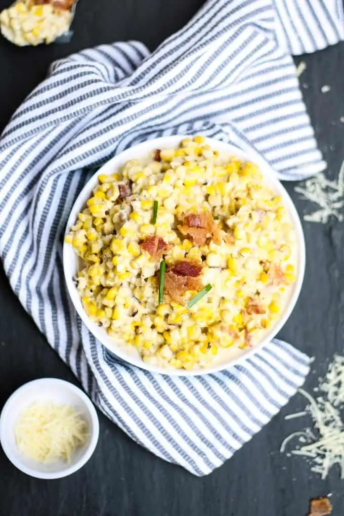 bowl of creamed corn with bacon