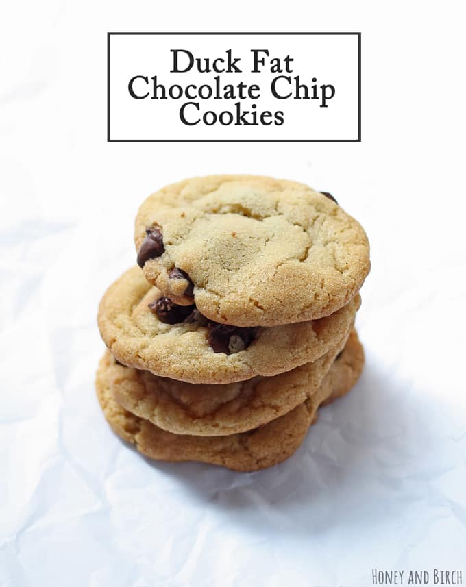 These duck fat chocolate chip cookies are a great alternative to the traditional cookie. Only 10 minutes to bake! >> Honey and Birch | www.honeyandbirch.com