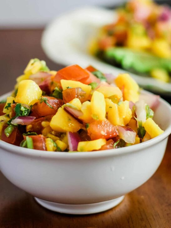 magno pico de gallo on fish tacos and in a bowl