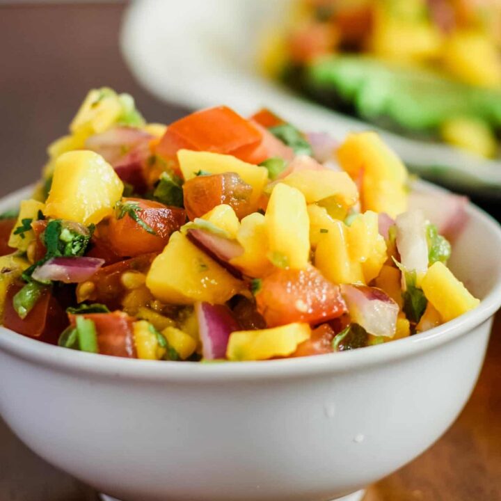 magno pico de gallo on fish tacos and in a bowl