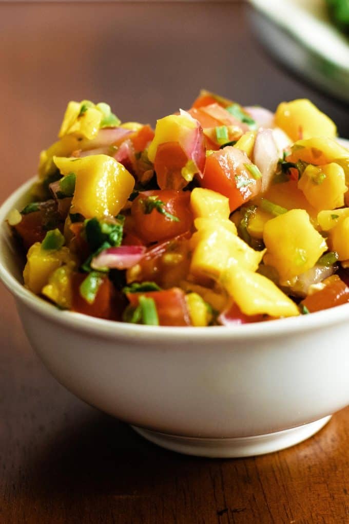 mango pico de Gallo in a white bowl