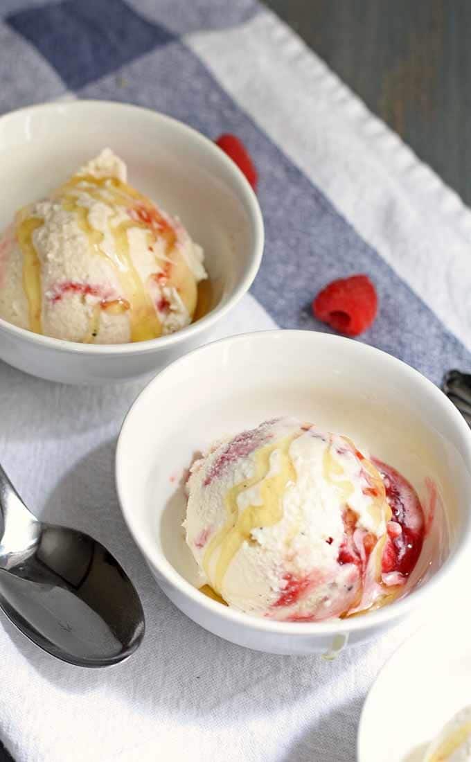 Before summer is over, try this Honey Vanilla Bean ice cream with Raspberry Swirls! #icecream #dessert #honey #raspberry #vanillabean | Honey and Birch