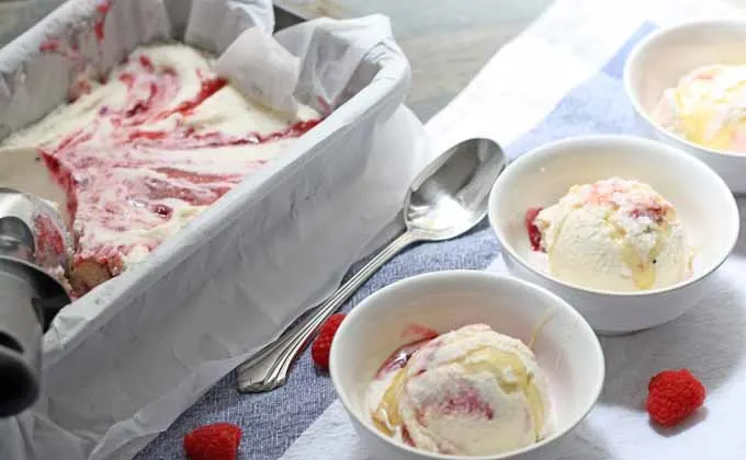 Before summer is over, try this Honey Vanilla Bean ice cream with Raspberry Swirls! #icecream #dessert #honey #raspberry #vanillabean | Honey and Birch