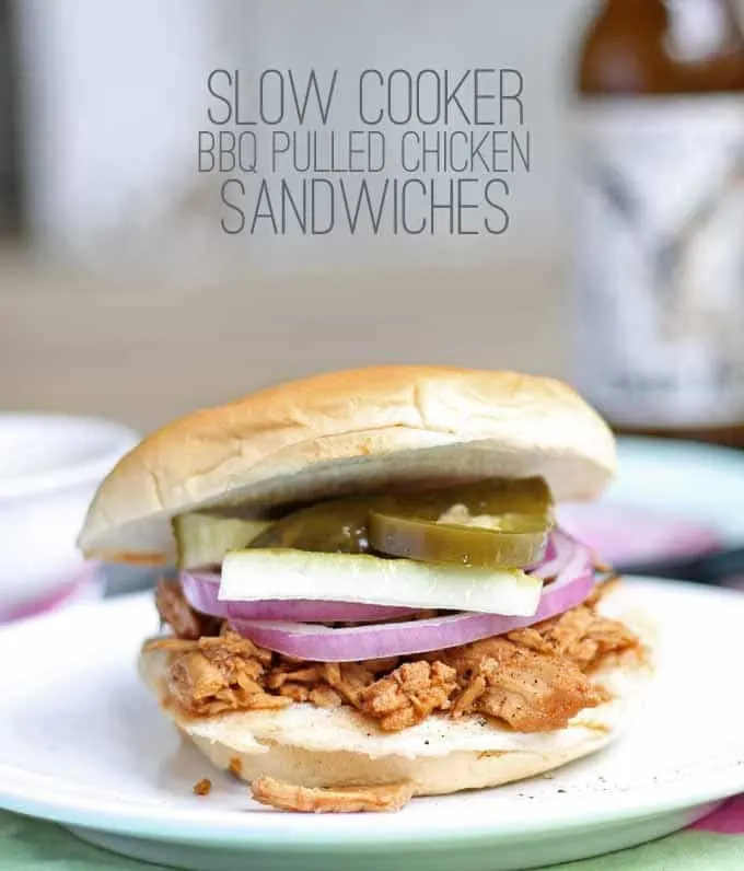 Slow Cooker BBQ Pulled Chicken Sandwiches | Honey and Birch #slowcooker #dinner #sandwiches