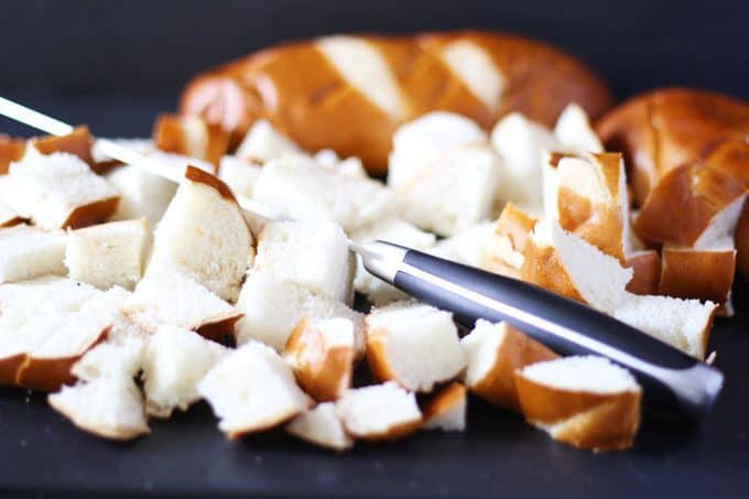 pretzel buns cut into chunks