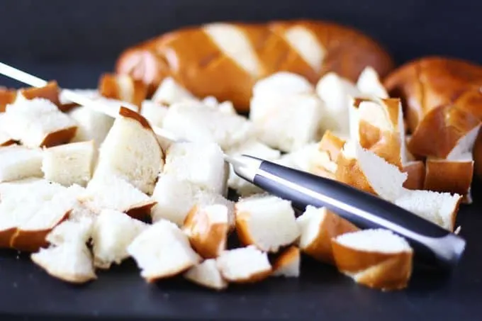 pretzel buns cut into chunks