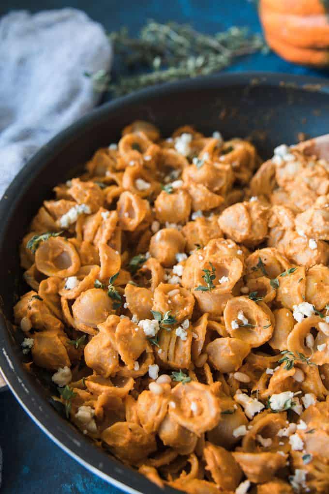 pumpkin pasta with gorgonzola cheese in a skillet