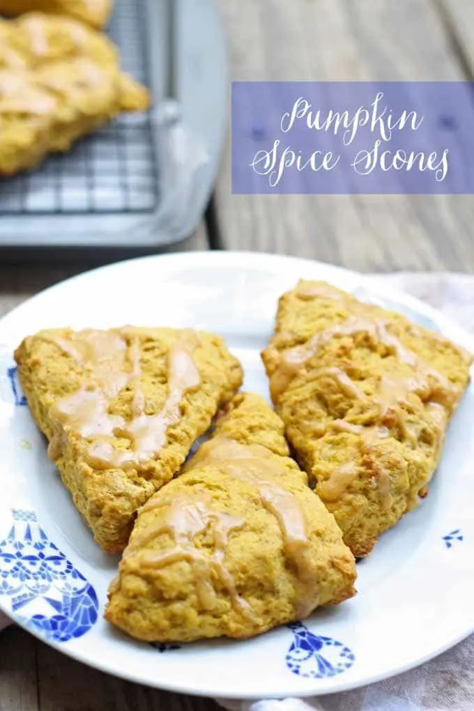 pumpkin spice scones on a white and blue plate