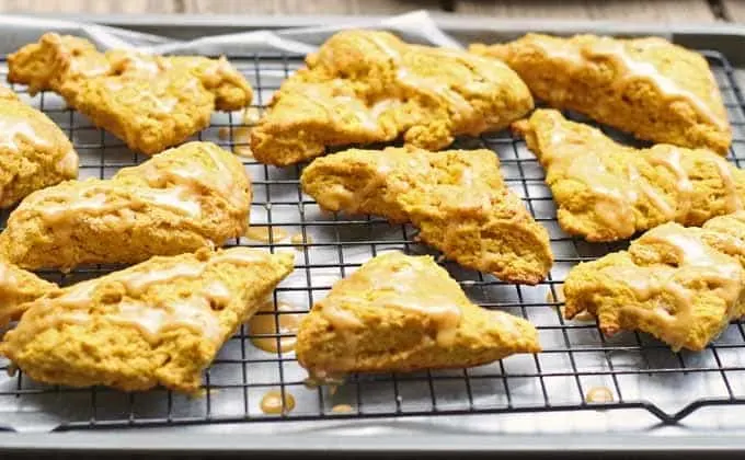 Pumpkin spice scones on a cooling rack