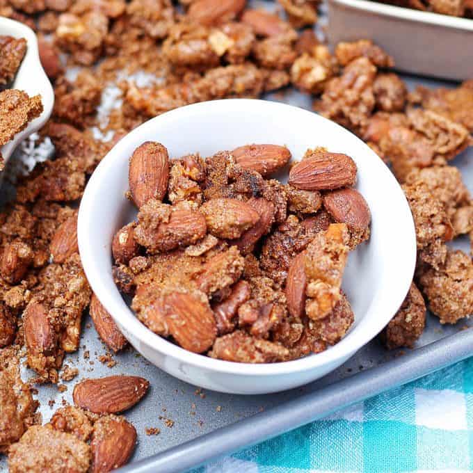 pumpkin pie spiced nuts in a bowl