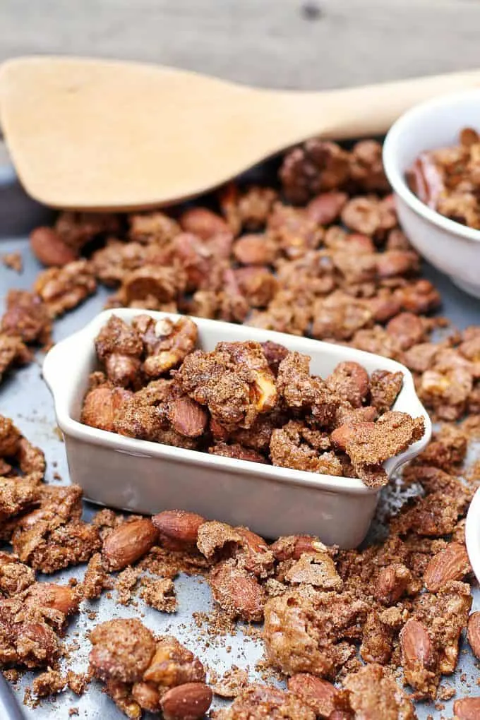 pumpkin pie spiced nuts in a container