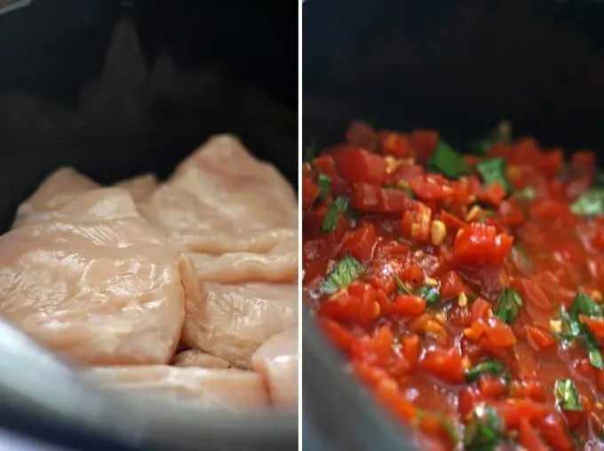 Slow Cooker Bruschetta Chicken - Get dinner on the table for your family with this an easy recipe for slow cooker bruschetta chicken! | Honey and Birch #slowcookermeals