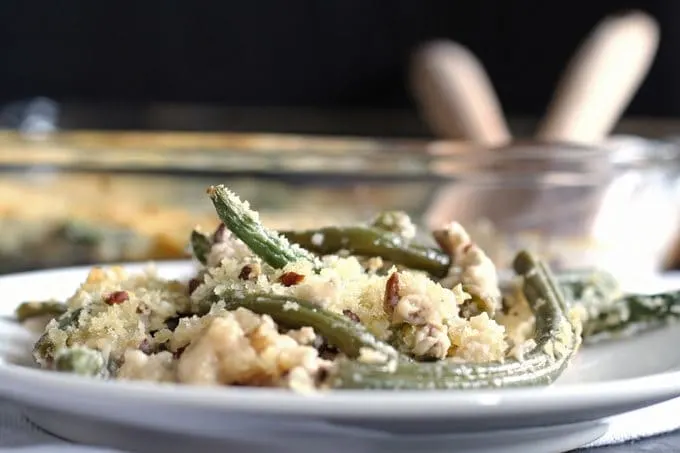Gorgonzola green bean casserole is a perfect Thanksgiving side dish - add pecans and panko bread crumbs for extra crunch! | www.s.com