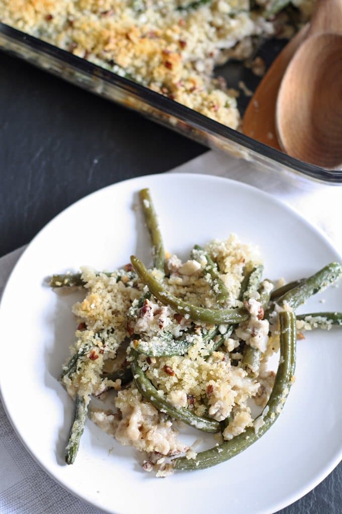 Gorgonzola green bean casserole is a perfect Thanksgiving side dish - add pecans and panko bread crumbs for extra crunch! | www.honeyandbirch.com