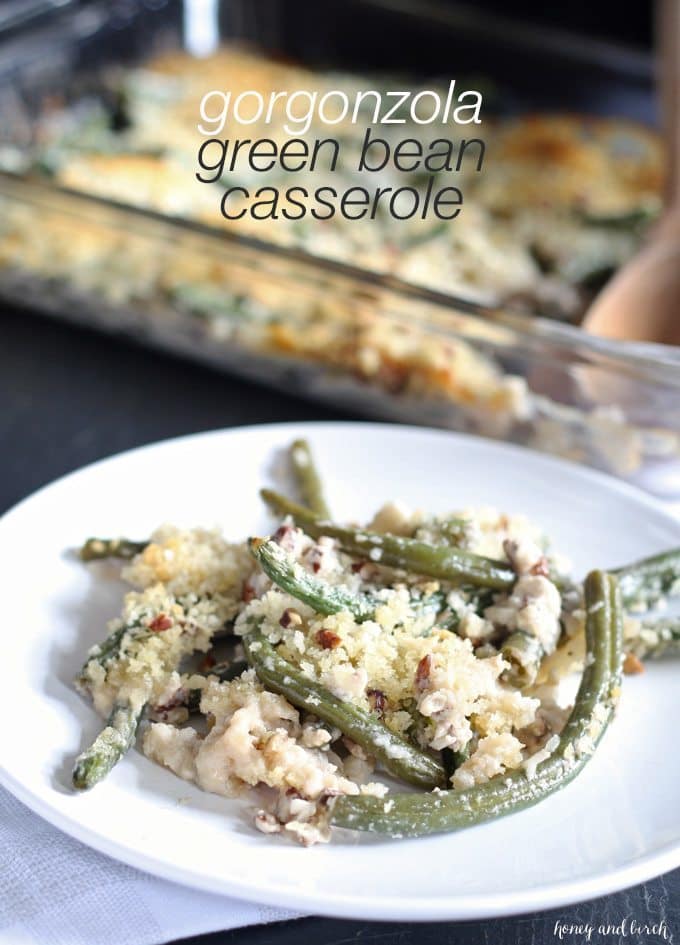 Gorgonzola green bean casserole is a perfect Thanksgiving side dish - add pecans and panko bread crumbs for extra crunch! | www.honeyandbirch.com