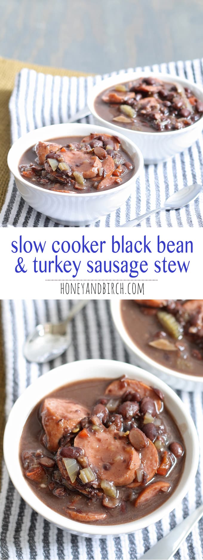 A delicious and easy recipe for slow cooker black bean turkey sausage stew. It requires very little prep but packs a lot of flavor into every bite! | honeyandbirch.com