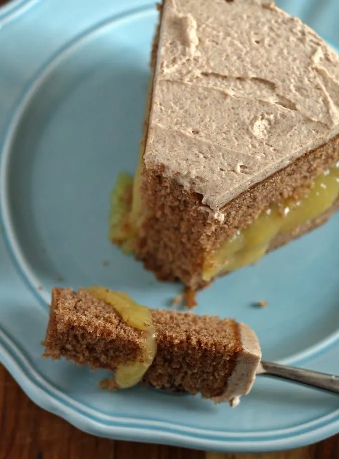 This spice cake has an apple curd filling and is topped with cinnamon marscapone frosting. It is perfect for fall and Thanksgiving! | www.honeyandbirch.com