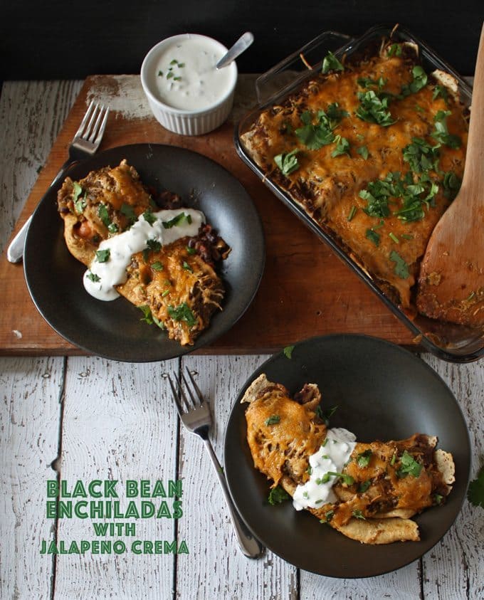 Black Bean Enchiladas with Jalapeno Crema | www.honeyandbirch.com #mexican