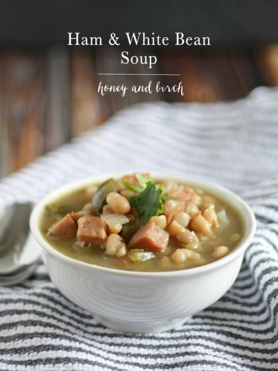 Great way to use up leftover Christmas ham! Ham and White Bean Soup | www.honeyandbirch.com #leftovers