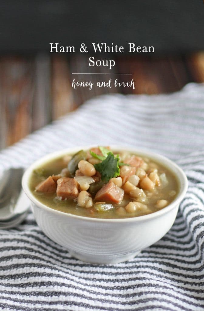 Great way to use up leftover Christmas ham! Ham and White Bean Soup | www.honeyandbirch.com #leftovers