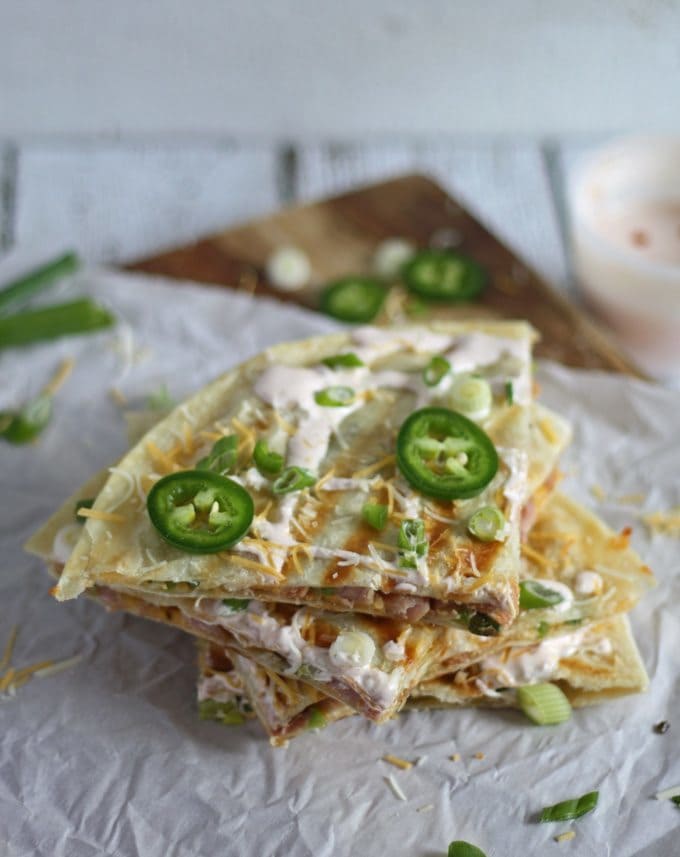 Great way to use up leftover Christmas ham! Ham, Jalapeno and Green Onion Quesadilla | www.honeyandbirch.com | #leftovers