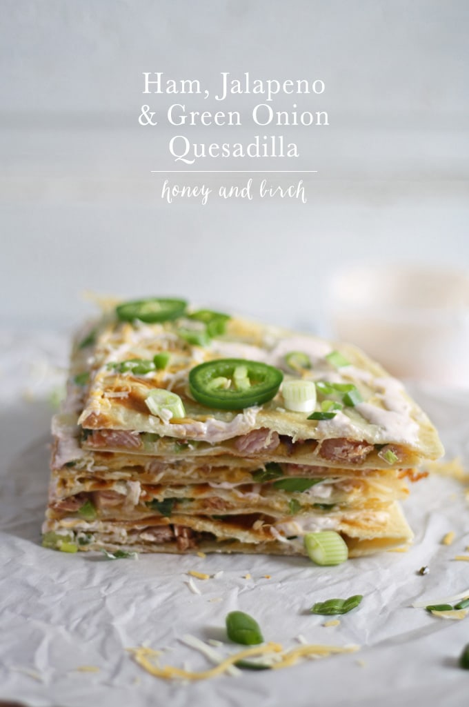 Great way to use up leftover Christmas ham! Ham, Jalapeno and Green Onion Quesadilla | www.honeyandbirch.com | #leftovers