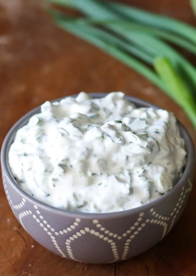 easy green onion dip in a small gray bowl