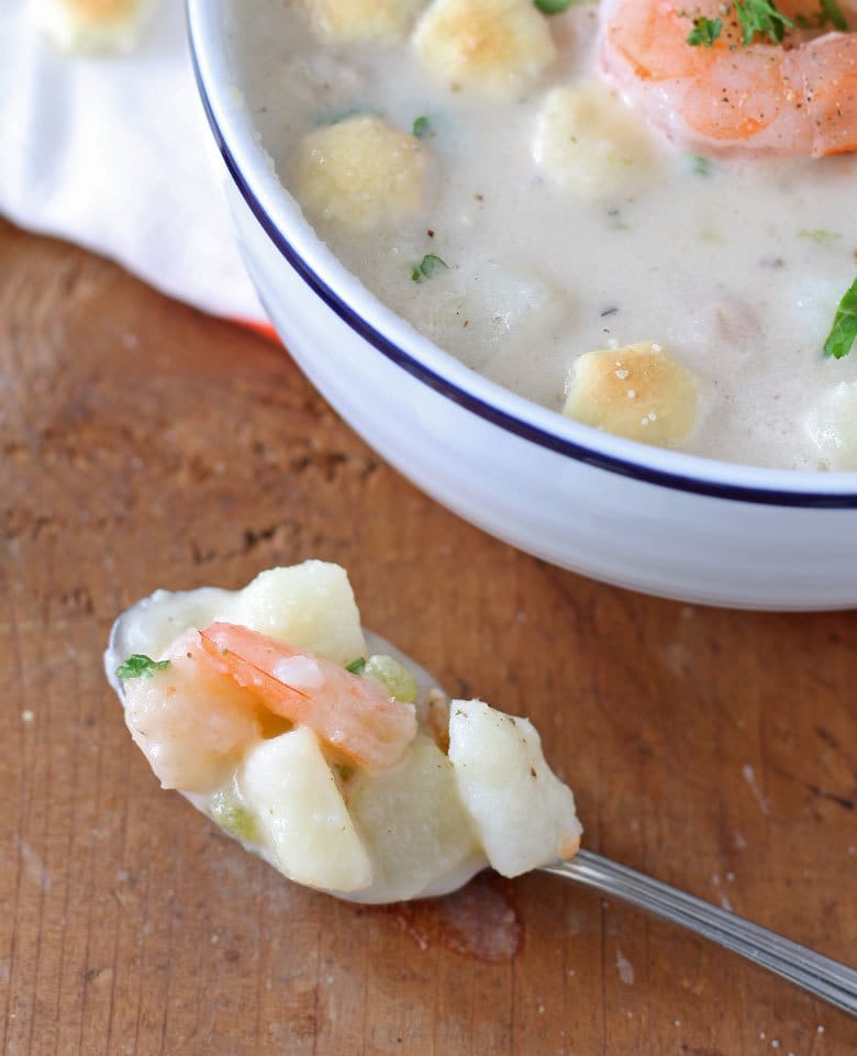 potato shrimp chowder on a spoon