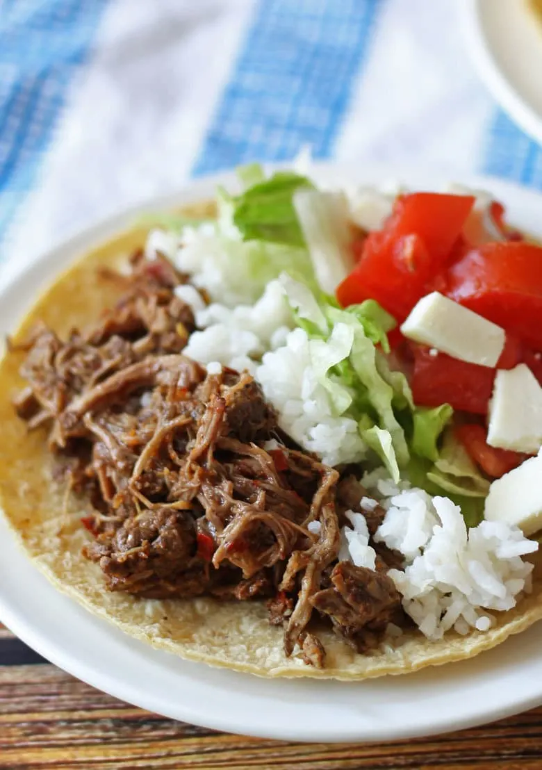 slow cooker barbacoa beef taco closeup 